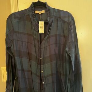 LOFT Navy and Green plaid Ruffle Blouse